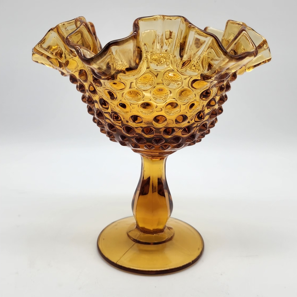 Vintage Fenton Glass Pedestal Candy Dish Compote Bowl Hobnail Amber 6 1/4" T